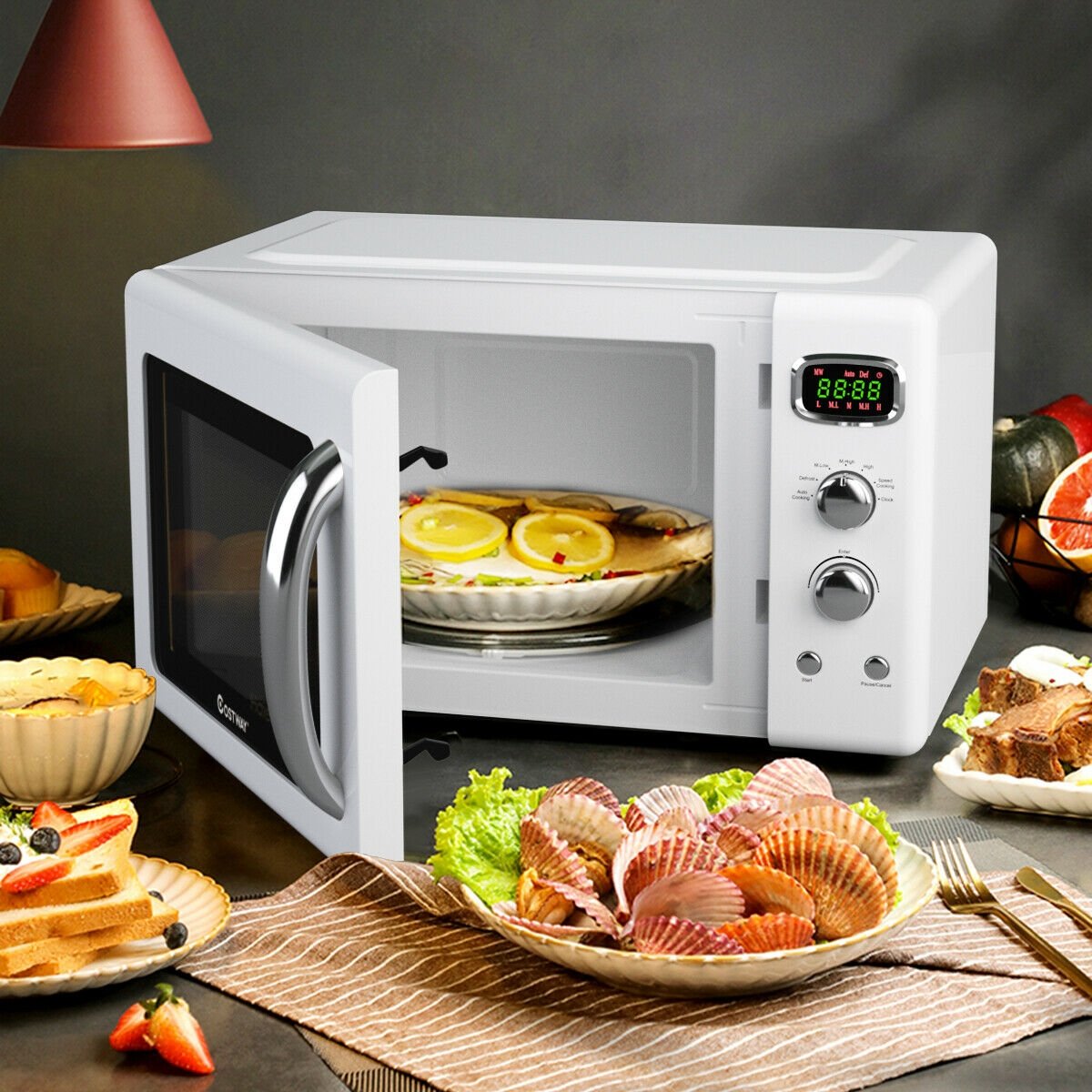 0.9 Cu.ft Retro Countertop Compact Microwave Oven-White view 2