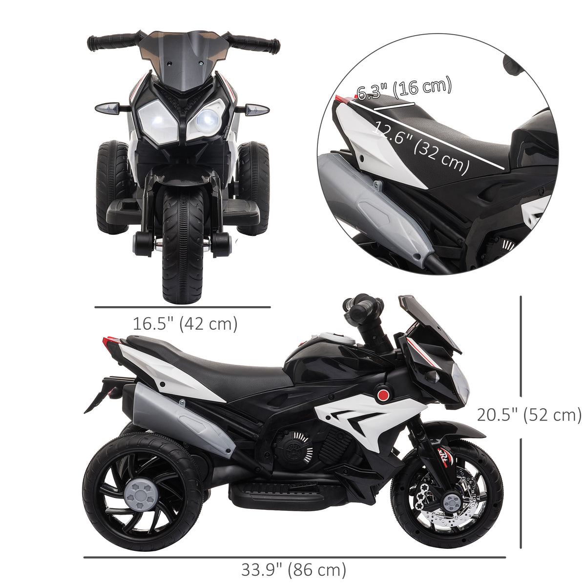 Qaba Kids Electric Motorcycle Ride-On Toy with 3 Wheels, Music, Horn, Lights