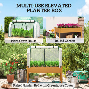 Raised Garden Bed with PE Greenhouse Cover Outdoor Elevated Wood Planter Box for Herbs and Vegetables Sand