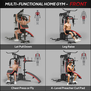 Soozier Multi Home Gym Equipment, Workout Station with Sit up Bench, Push up Stand, Dip Station, 143lbs Weights