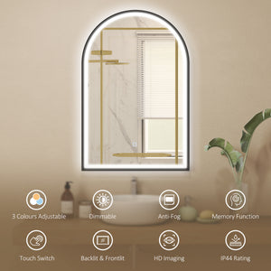 24" x 36" LED Bathroom Mirror, Arched Tempered Glass Wall Mirror, Anti-Fog, Dimmable, Memory Function, Black