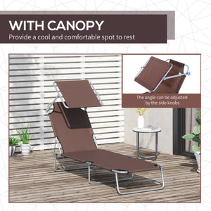 Outdoor Lounge Chair, Adjustable Folding Chaise Lounge, Tanning Chair with Sun Shade for Beach, Camping, Hiking, Backyard, Brown