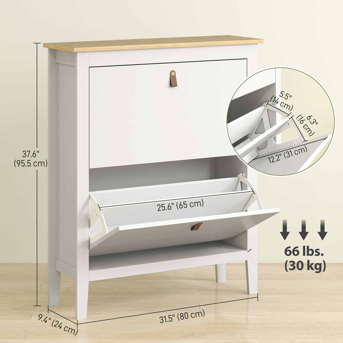 Narrow Shoe Cabinet with 2 Flip Drawers, Adjustable Shelves for Entryway, Holds 10-14 Pairs, White – view 2