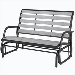 2 Person Outdoor Glider Bench, Patio Glider Loveseat with Faux Wood Slatted Seat and Back, Steel Frame, Grey