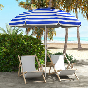 5.7' Beach Umbrella for Travel with Tilt, Adjustable Height, 2 Cup Holders, Hook, Vent, Ruffles, Blue and White