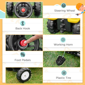 Aosom Ride on Tractor for Kids, Pedal Excavator Ride on Toy with Controllable Front Bucket for 3 Years Old, Yellow