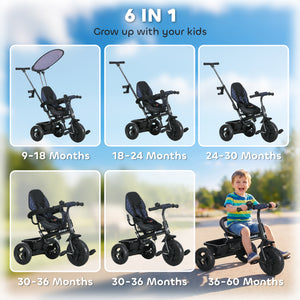 Qaba 6 in 1 Kids Tricycle with Removable Handlebar and Canopy, Navy
