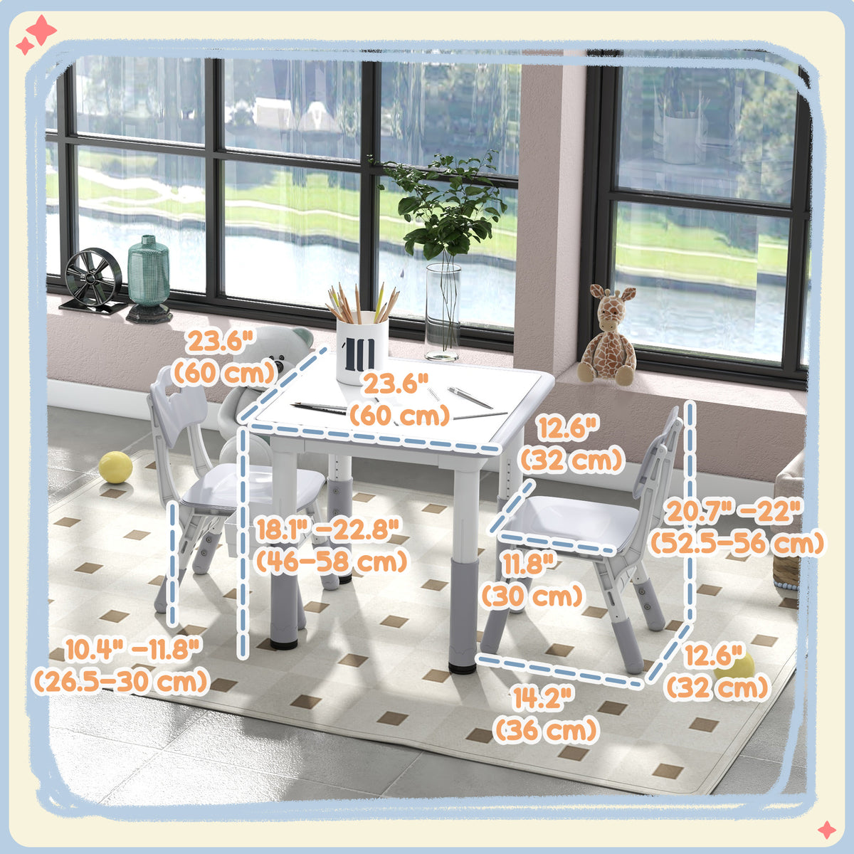 Qaba 3 Pieces Toddler Table and Chair Set, Height Adjustable Kids Table and Chair Set w/ Storage, for Playroom