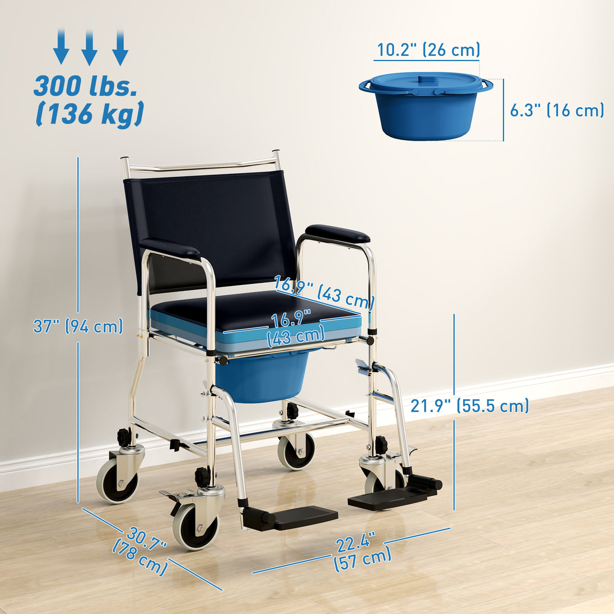 Rolling Shower Chair, Bedside Commode Wheelchair with Padded Seat, Backrest, for Seniors, Disabled, 300 lbs, Black