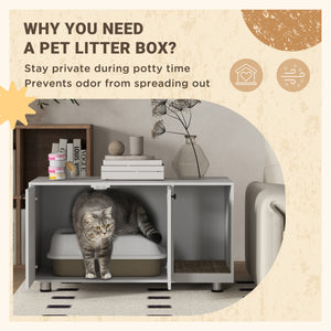 Litter Box Furniture Hidden Cat Washroom Furniture with Double Doors and Scratching Pad, White