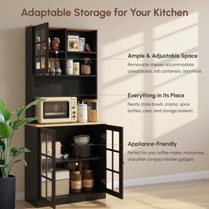 Kitchen Buffet with Hutch, Storage Pantry with 3 Cabinets, 2 Open Shelves and Large Countertop, Black – view 3