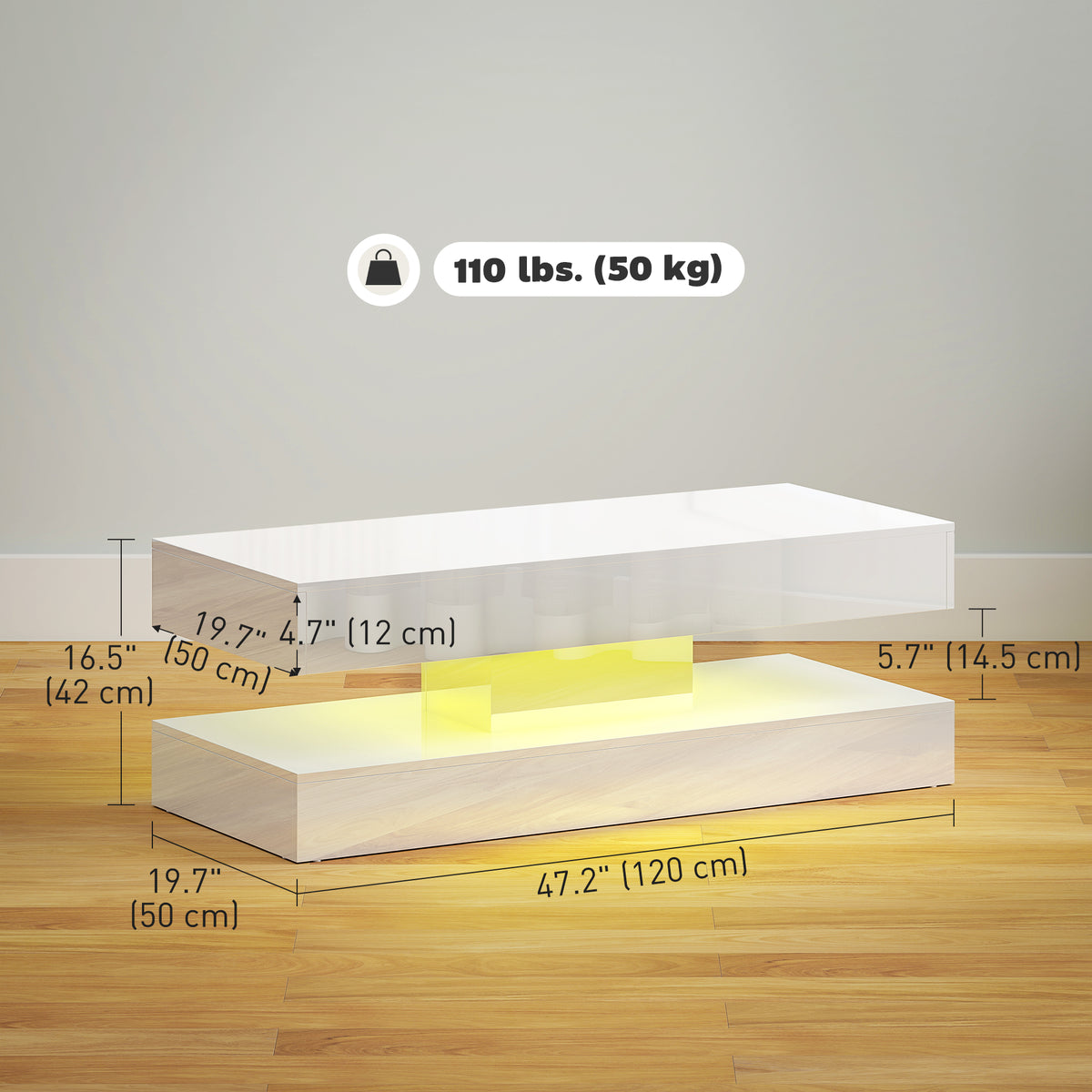 Coffee Table with Adjustable LED Lights, Modern Living Room Table with 2 Drawers, Open Shelf, Remote – view 2