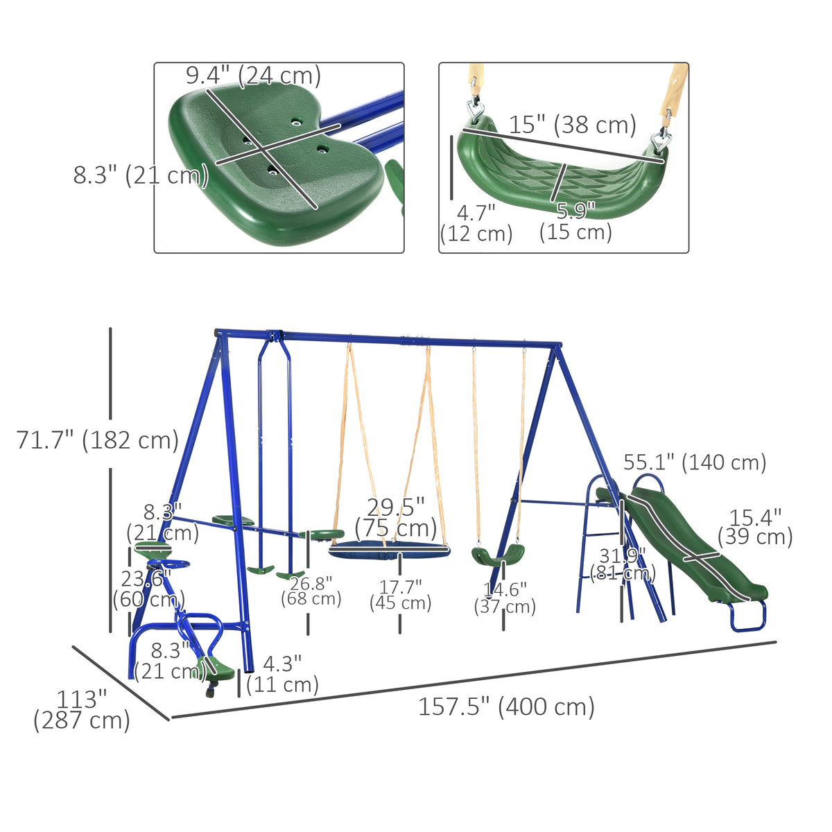 5 in1 Kids Swing Set with Saucer Swing, Slide, Seesaw, Glider, Swing Seat for Backyard, Playground