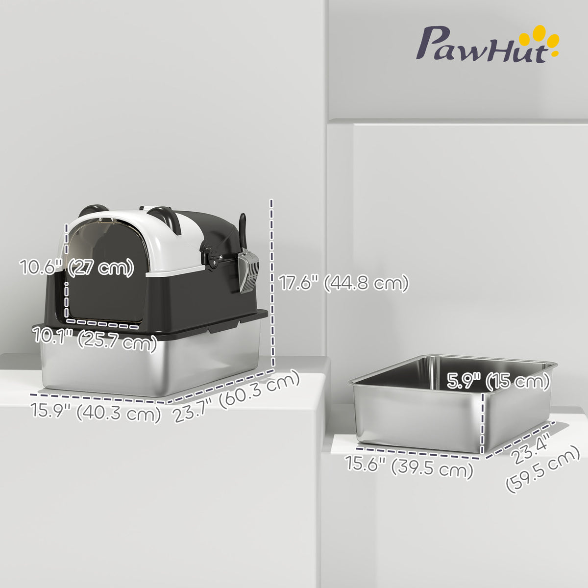 Panda Style XL Stainless Steel Cat Litter Box with Lid, Enclosed Kitty Litter Box with Scoop, 23.7" x 15.9" x 17.6"