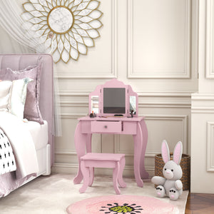 Qaba Kids Vanity Table and Stool, Makeup Vanity Girls Dressing Table Set with Tri-folding Mirrors Drawer Star and Heart Pattern, Pink