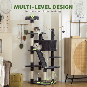 59 Inch Large Cat Tree with Sisal Scratching Posts, Cozy Condo, Top Perch, Ladder and Interactive Balls, Dark Grey