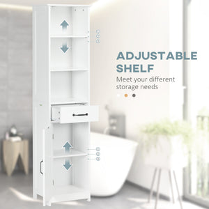 Modern Bathroom Cabinet, Narrow Bathroom Vanities with 3 Open Shelves, Drawer and Adjustable Shelf, White