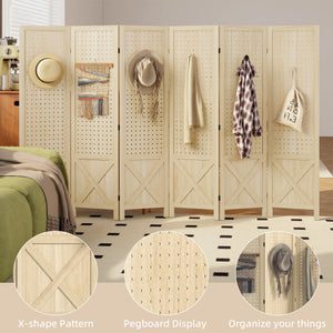 4.7' 3 Panel Wooden Room Divider with Pegboard Display, Folding Privacy Screen for Home Office, Natural – view 31