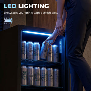 3.2 Cu.Ft Beverage Fridge, 128 Can Drink Fridge with Glass Door, Auto-Defrost and LED Light for Soda, Beer, Black