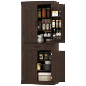 72" Kitchen Pantry Cabinet, Farmhouse Kitchen Storage Cabinet with 4 Barn Doors, 6 Door Shelves, Drawer – view 8