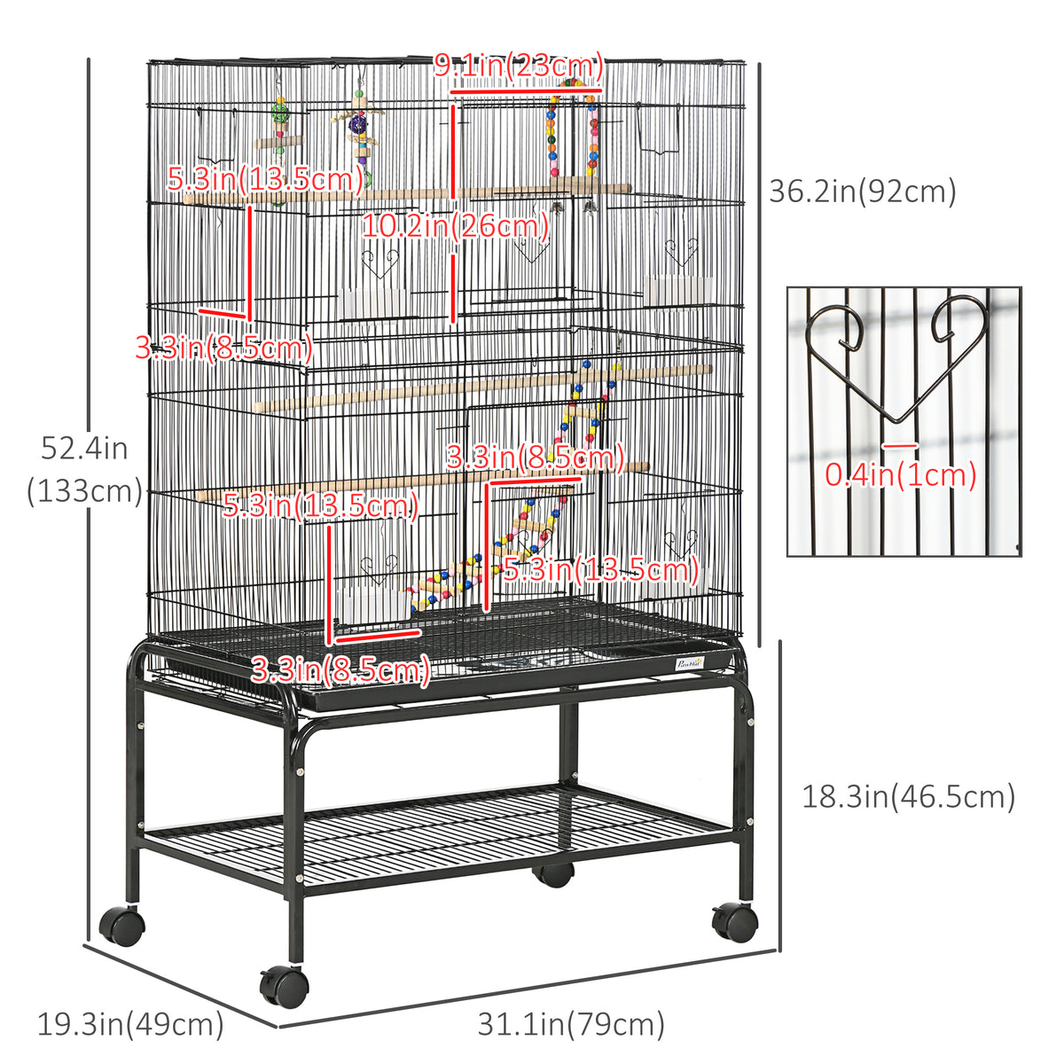 52" Bird Cage with Rolling Stand, Toys, for Budgies Canaries Black – view 2