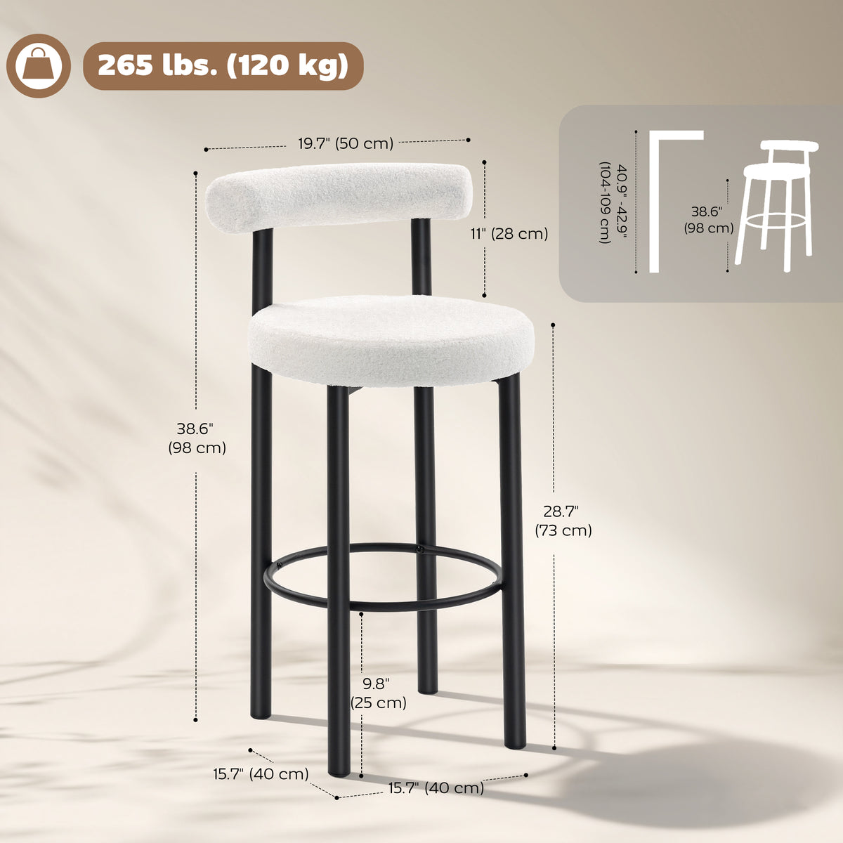 Bar Stools Set of 2, Sherpa Upholstered Barstools with Backrest, Bar Height Stools with Footrest for Kitchen Island