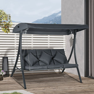 3-Person Patio Swing Chair, Outdoor Porch Swing Bench with Adjustable Canopy, Cushioned Seat, Dark Grey