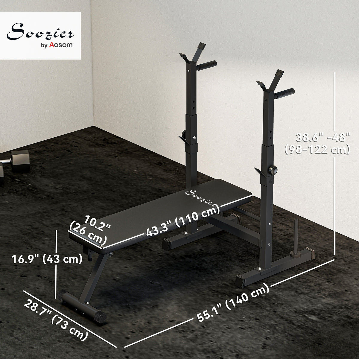 Soozier Adjustable Weight Bench, Foldable Bench Press with Barbell Rack and Dip Station for Home Gym, Strength Training Multiuse Workout Bench