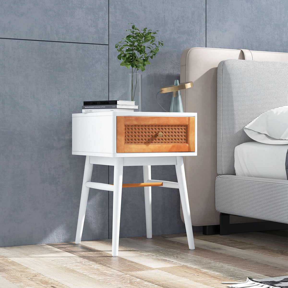 1-Drawer Modern Bedside Table with Solid Wood Legs-White view 2