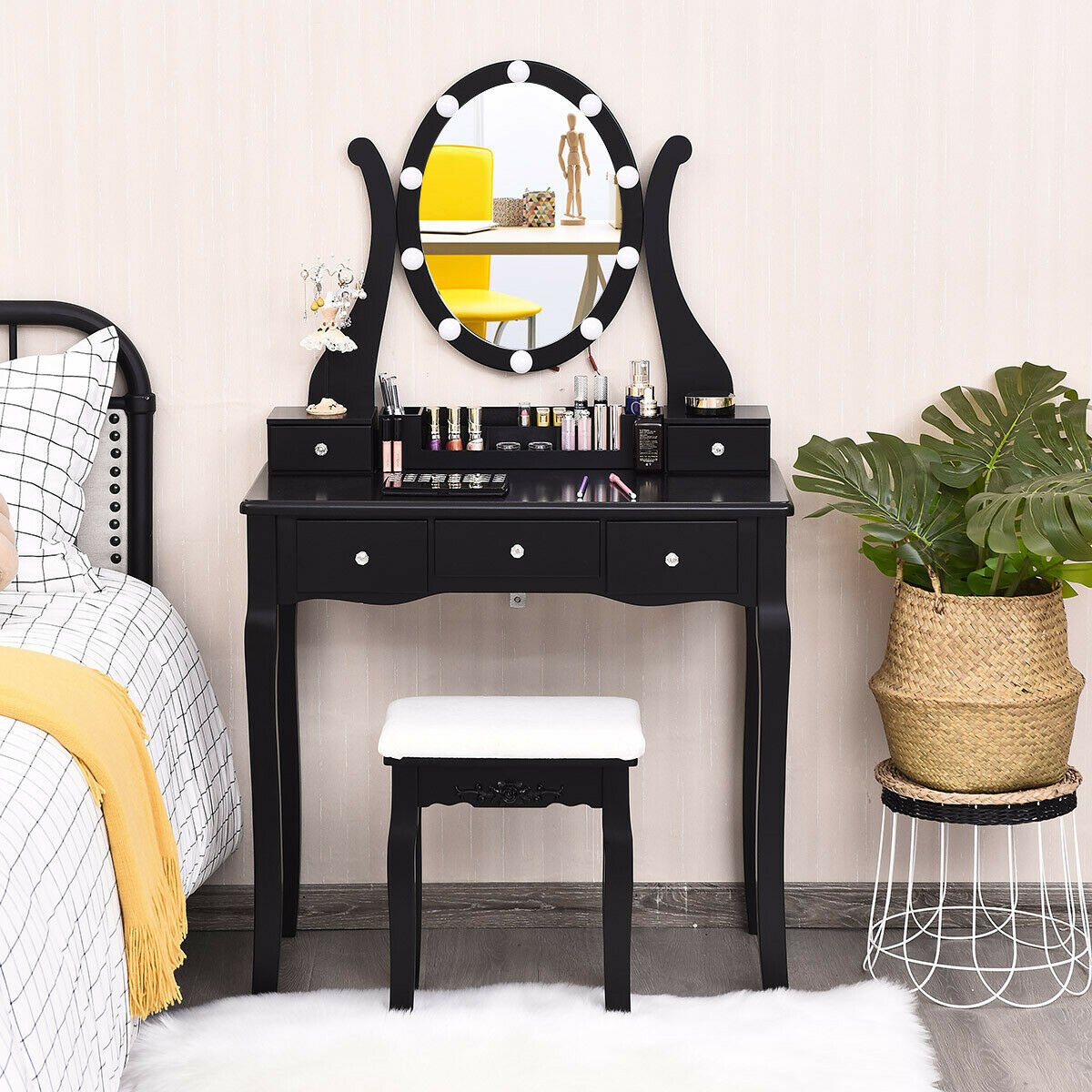 10 Dimmable Lights Vanity Table Set with Lighted Mirror and Cushioned Stool-Black view 2
