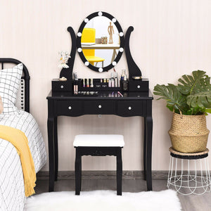 10 Dimmable Lights Vanity Table Set with Lighted Mirror and Cushioned Stool-Black view 2