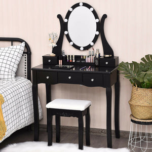 10 Dimmable Lights Vanity Table Set with Lighted Mirror and Cushioned Stool-Black view 6