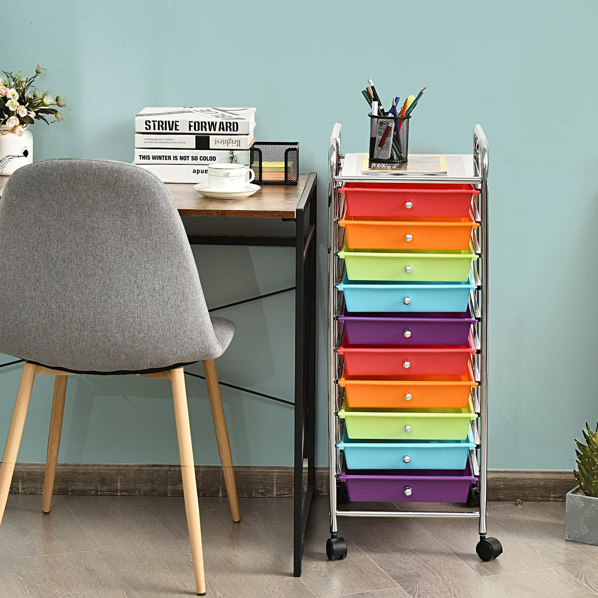 10 Drawer Rolling Storage Cart Organizer with 4 Universal Casters-Multicolor view 2