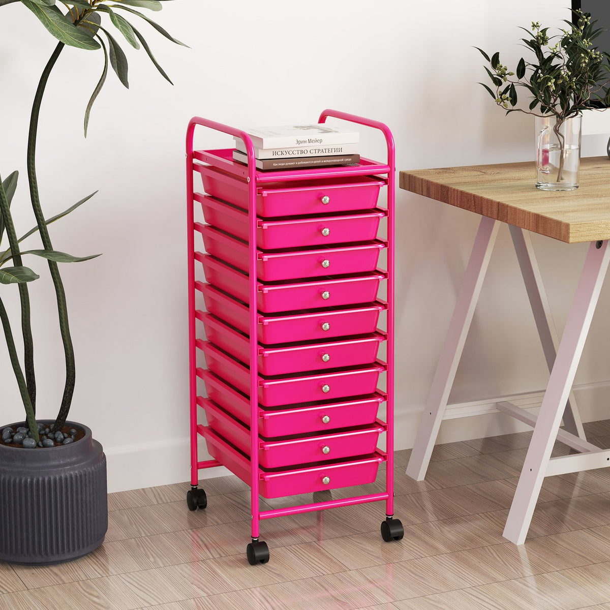 10 Drawer Rolling Storage Cart Organizer with 4 Universal Casters-Pink view 2