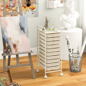 10 Drawer Rolling Storage Cart Organizer with 4 Universal Casters-White view 3