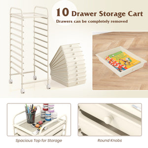 10 Drawer Rolling Storage Cart Organizer with 4 Universal Casters-White view 7