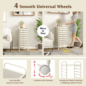 10 Drawer Rolling Storage Cart Organizer with 4 Universal Casters-White view 9