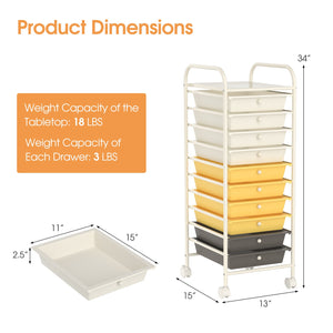 10 Drawer Rolling Storage Cart Organizer with 4 Universal Casters-Yellow view 5