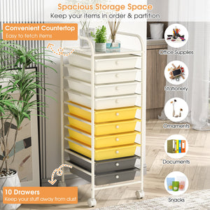 10 Drawer Rolling Storage Cart Organizer with 4 Universal Casters-Yellow view 7