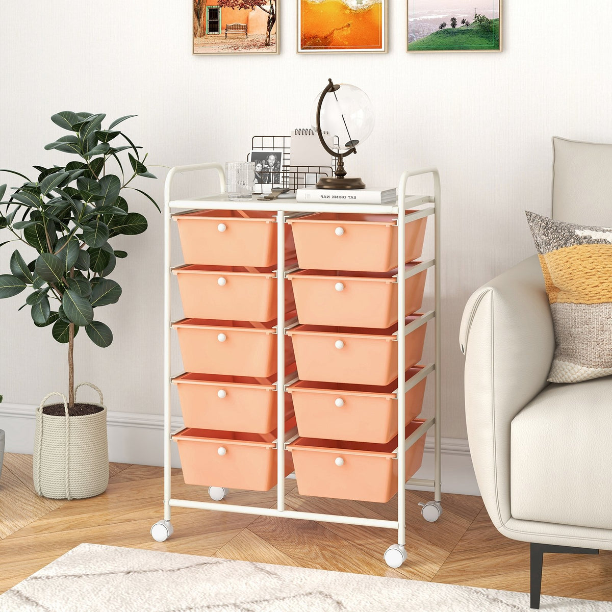 10-Drawer Rolling Storage Cart-Peach view 2