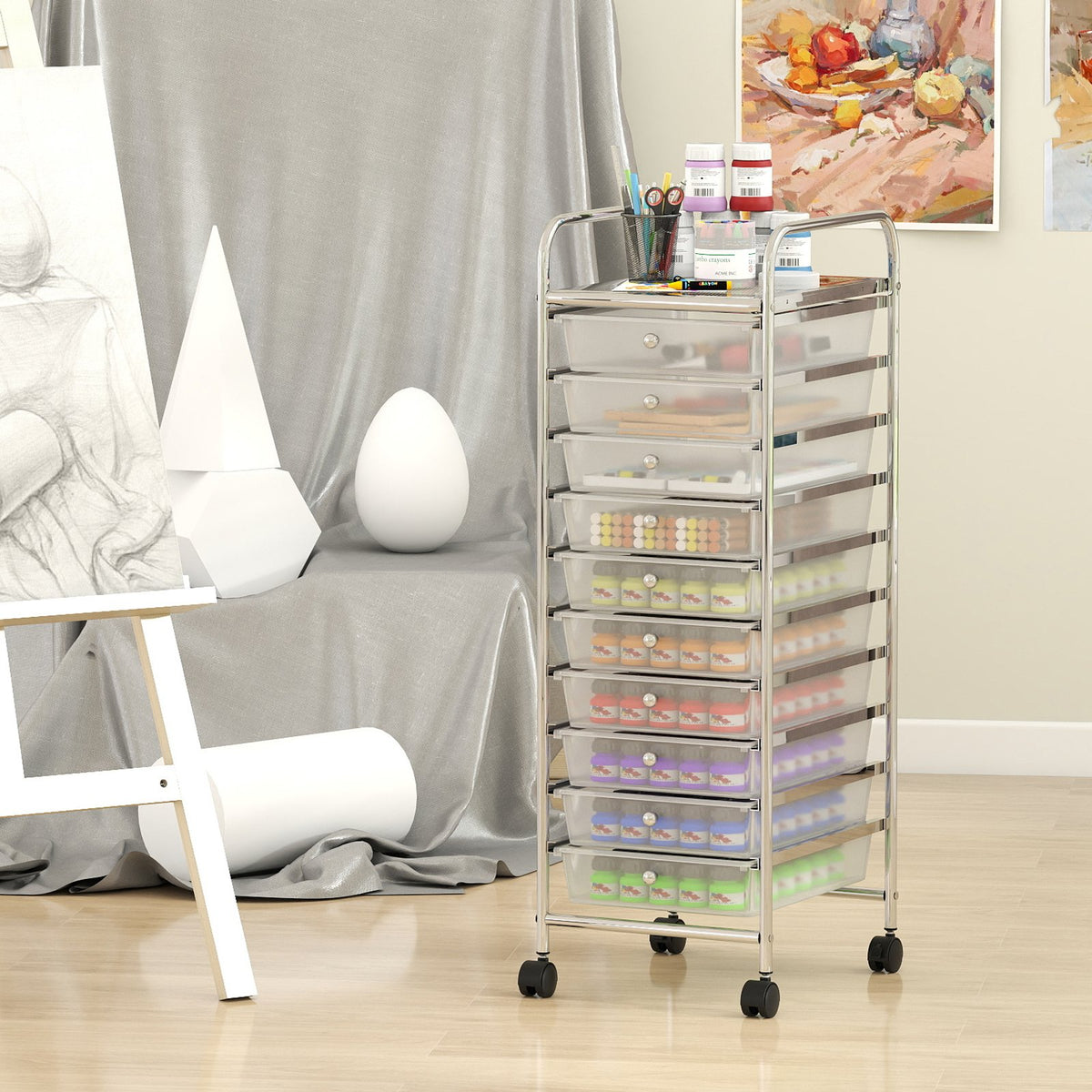 10-Drawer Rolling Storage Cart with Metal Frame and Lockable Universal Wheels-White view 2