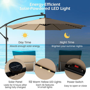 10 Feet Patio Offset Umbrella with 112 Solar-Powered LED Lights-Beige-Beige view 7