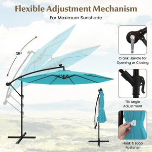 10 Feet Solar LED Offset Umbrella with 40 Lights and Cross Base for Patio-Turquoise view 8