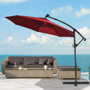 10 ft 360° Rotation Solar Powered LED Patio Offset Umbrella without Weight Base-Burgundy view 2