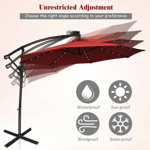 10 ft 360° Rotation Solar Powered LED Patio Offset Umbrella without Weight Base-Burgundy view 9