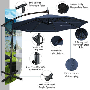 10 FT 360° Rotation Solar Powered LED Patio Offset Umbrella without Weight Base-Navy view 9