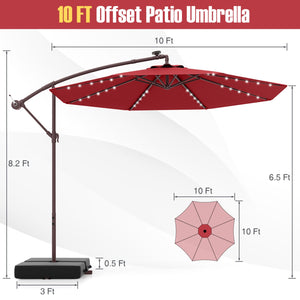 10 Ft Patio Umbrella Offset Cantilever Umbrella with 40 Solar Powered Lights-Red view 4