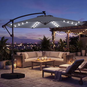 10 FT Solar LED Offset Cantilever Patio Umbrella Hanging Outdoor Market Umbrella-Gray view 3