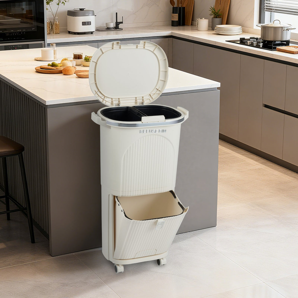 10 Gallon Kitchen Trash Can Double-Layer with Lid and 2 Removable Buckets-Beige view 2