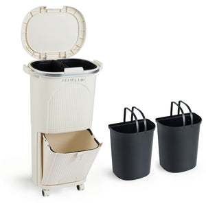 10 Gallon Kitchen Trash Can Double-Layer with Lid and 2 Removable Buckets-Beige view 3